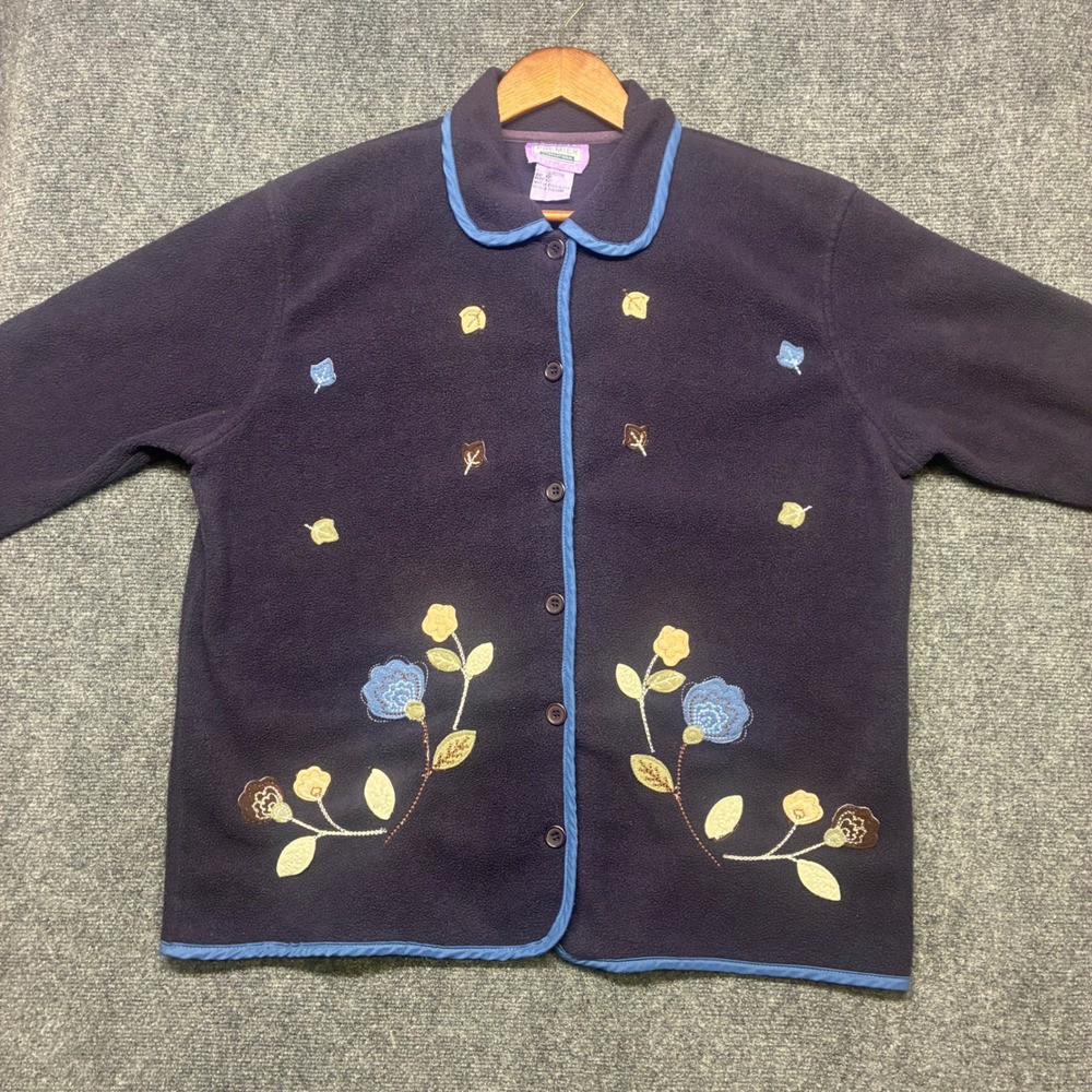 Premier International Fleece Jacket 1X Floral Embroidered Button Front Cardigan